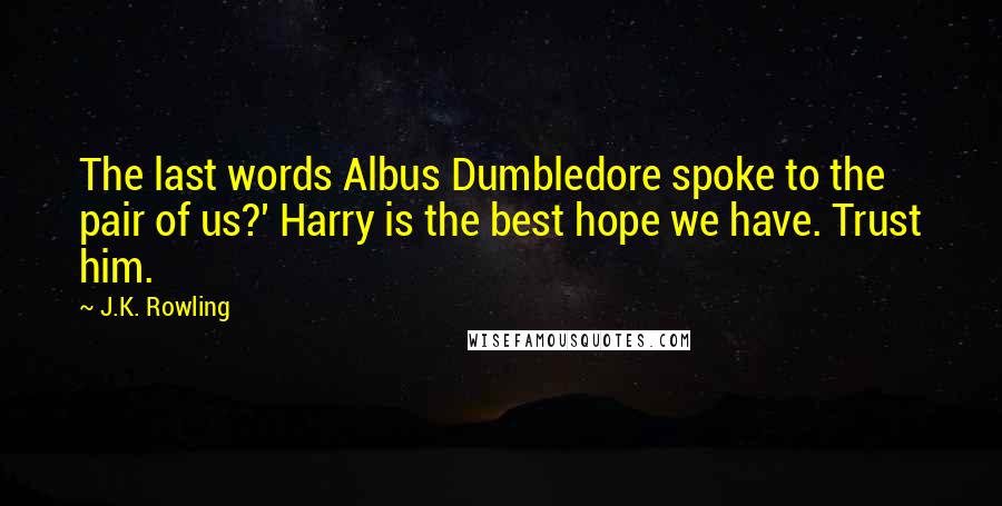 J.K. Rowling Quotes: The last words Albus Dumbledore spoke to the pair of us?' Harry is the best hope we have. Trust him.