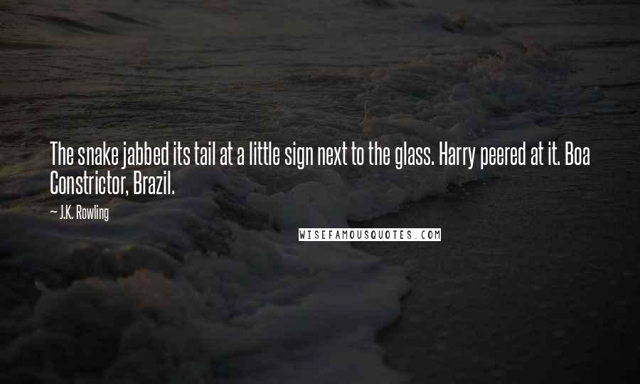 J.K. Rowling Quotes: The snake jabbed its tail at a little sign next to the glass. Harry peered at it. Boa Constrictor, Brazil.