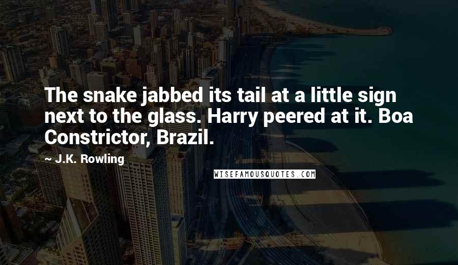 J.K. Rowling Quotes: The snake jabbed its tail at a little sign next to the glass. Harry peered at it. Boa Constrictor, Brazil.