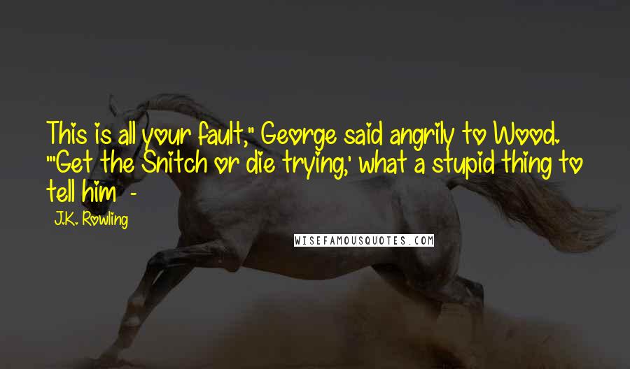 J.K. Rowling Quotes: This is all your fault," George said angrily to Wood. "'Get the Snitch or die trying,' what a stupid thing to tell him  - 