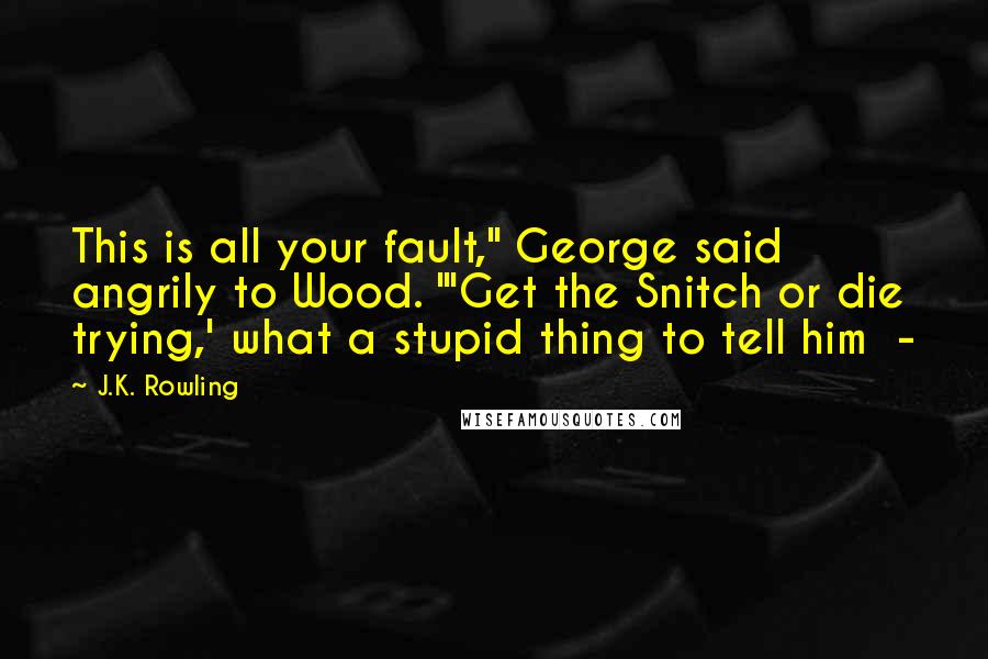 J.K. Rowling Quotes: This is all your fault," George said angrily to Wood. "'Get the Snitch or die trying,' what a stupid thing to tell him  - 