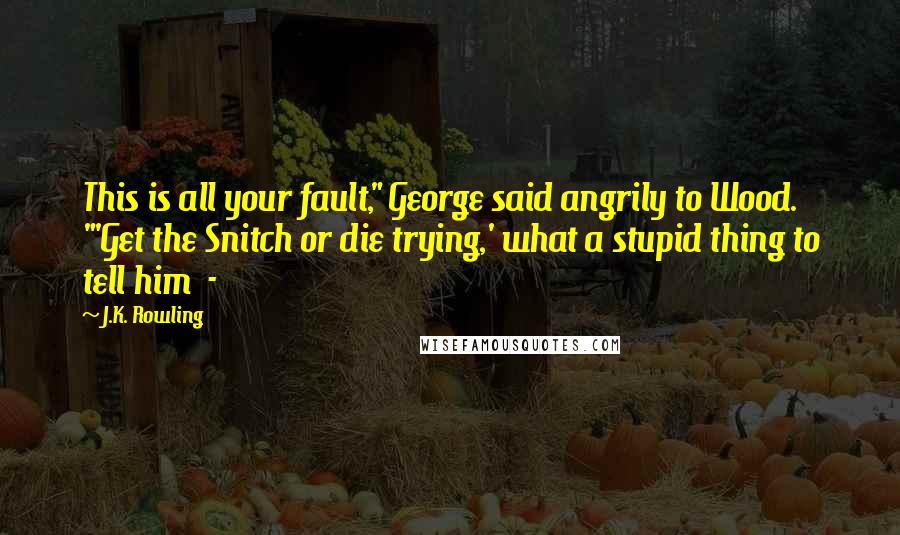 J.K. Rowling Quotes: This is all your fault," George said angrily to Wood. "'Get the Snitch or die trying,' what a stupid thing to tell him  - 