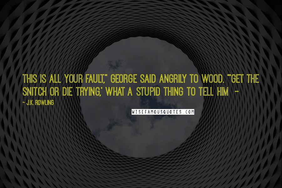 J.K. Rowling Quotes: This is all your fault," George said angrily to Wood. "'Get the Snitch or die trying,' what a stupid thing to tell him  - 
