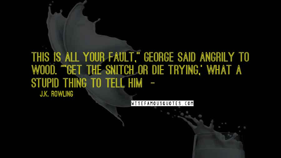 J.K. Rowling Quotes: This is all your fault," George said angrily to Wood. "'Get the Snitch or die trying,' what a stupid thing to tell him  - 