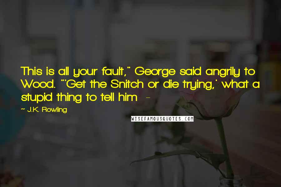 J.K. Rowling Quotes: This is all your fault," George said angrily to Wood. "'Get the Snitch or die trying,' what a stupid thing to tell him  - 