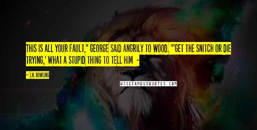 J.K. Rowling Quotes: This is all your fault," George said angrily to Wood. "'Get the Snitch or die trying,' what a stupid thing to tell him  - 