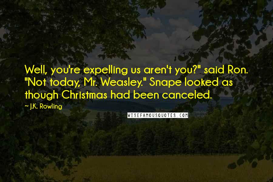 J.K. Rowling Quotes: Well, you're expelling us aren't you?" said Ron. "Not today, Mr. Weasley." Snape looked as though Christmas had been canceled.