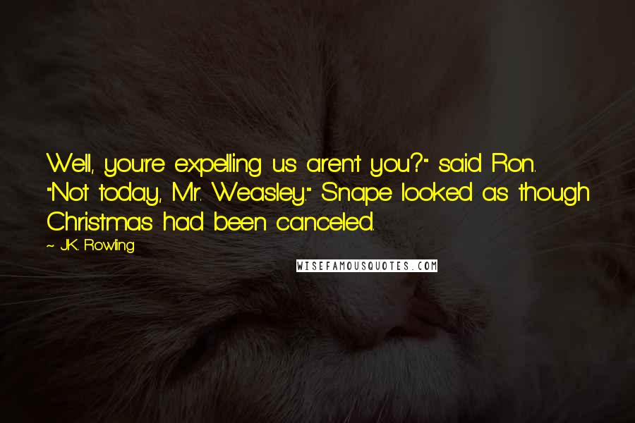 J.K. Rowling Quotes: Well, you're expelling us aren't you?" said Ron. "Not today, Mr. Weasley." Snape looked as though Christmas had been canceled.