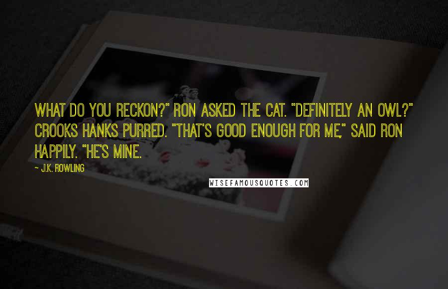 J.K. Rowling Quotes: What do you reckon?" Ron asked the cat. "Definitely an owl?" Crooks hanks purred. "That's good enough for me," said Ron happily. "He's mine.