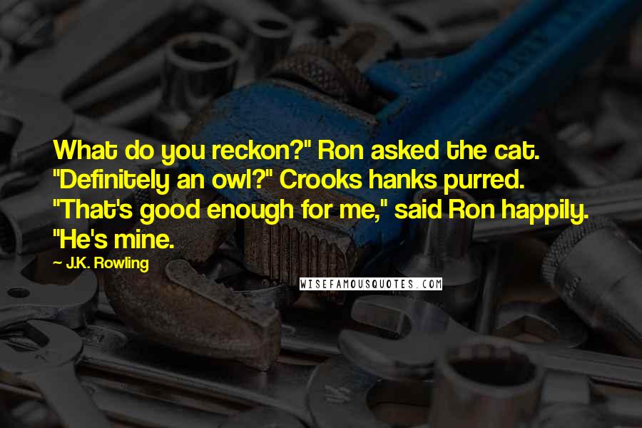 J.K. Rowling Quotes: What do you reckon?" Ron asked the cat. "Definitely an owl?" Crooks hanks purred. "That's good enough for me," said Ron happily. "He's mine.