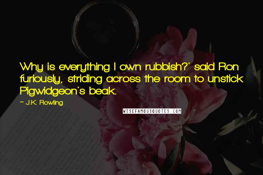 J.K. Rowling Quotes: Why is everything I own rubbish?' said Ron furiously, striding across the room to unstick Pigwidgeon's beak.