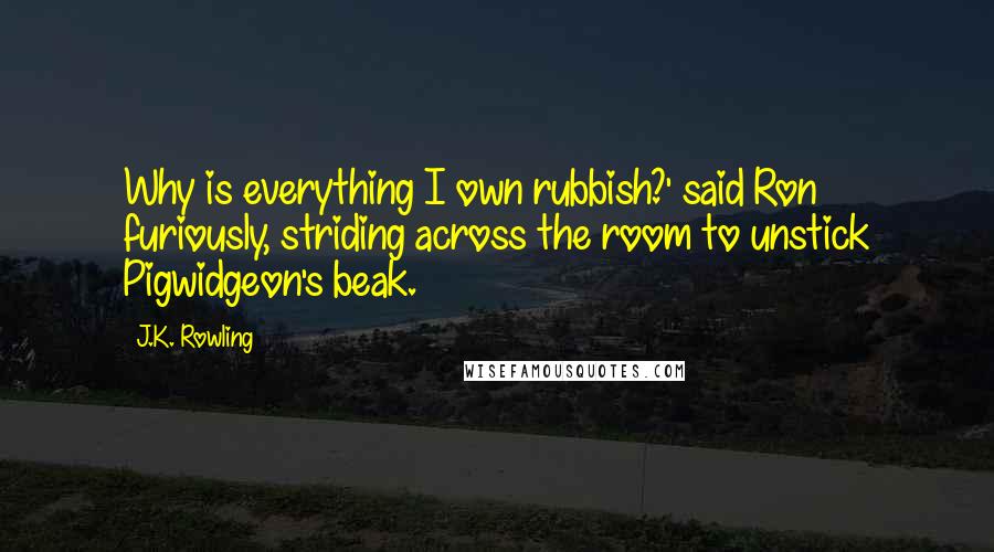 J.K. Rowling Quotes: Why is everything I own rubbish?' said Ron furiously, striding across the room to unstick Pigwidgeon's beak.