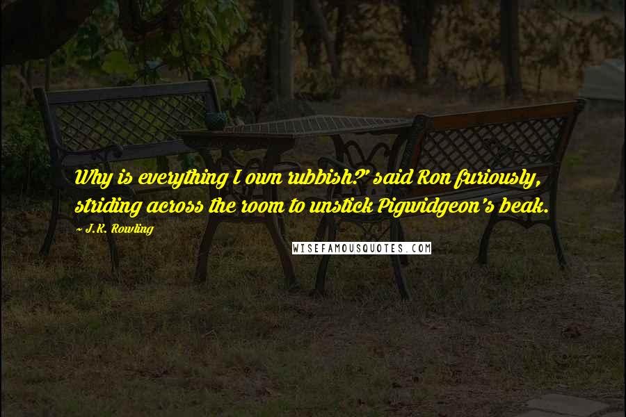 J.K. Rowling Quotes: Why is everything I own rubbish?' said Ron furiously, striding across the room to unstick Pigwidgeon's beak.