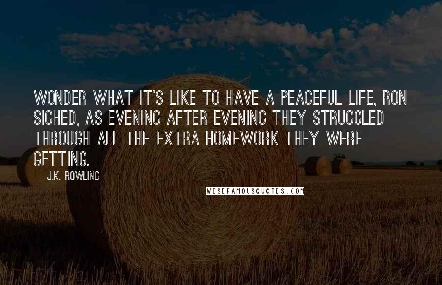 J.K. Rowling Quotes: Wonder what it's like to have a peaceful life, Ron sighed, as evening after evening they struggled through all the extra homework they were getting.