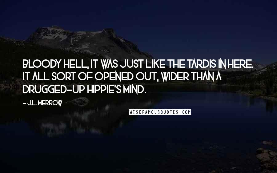 J.L. Merrow Quotes: Bloody hell, it was just like the Tardis in here. It all sort of opened out, wider than a drugged-up hippie's mind.