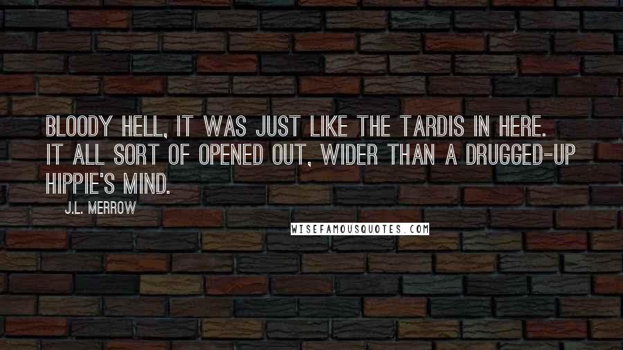 J.L. Merrow Quotes: Bloody hell, it was just like the Tardis in here. It all sort of opened out, wider than a drugged-up hippie's mind.