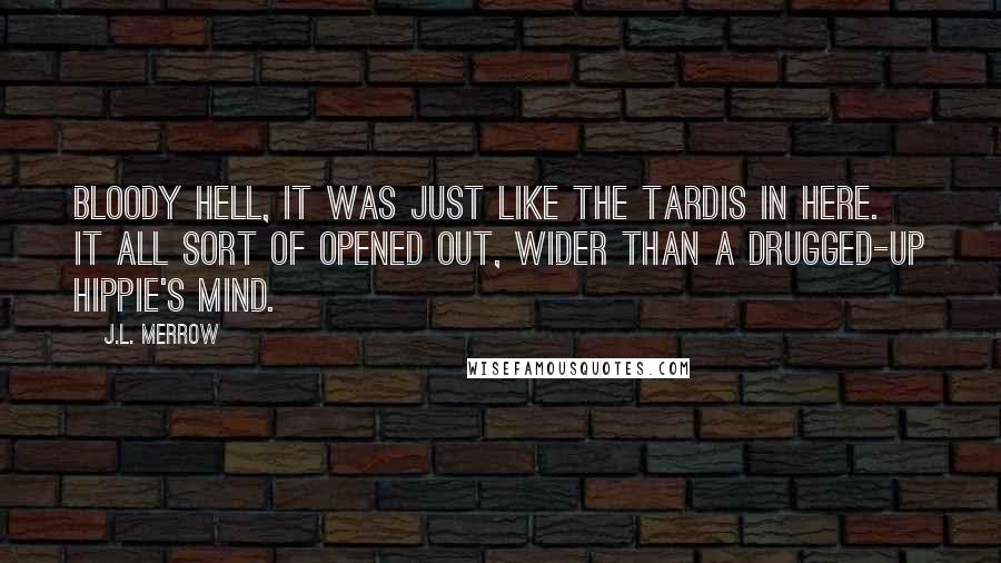 J.L. Merrow Quotes: Bloody hell, it was just like the Tardis in here. It all sort of opened out, wider than a drugged-up hippie's mind.