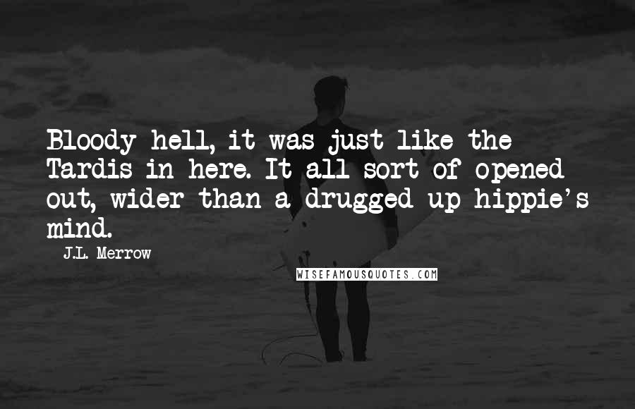 J.L. Merrow Quotes: Bloody hell, it was just like the Tardis in here. It all sort of opened out, wider than a drugged-up hippie's mind.