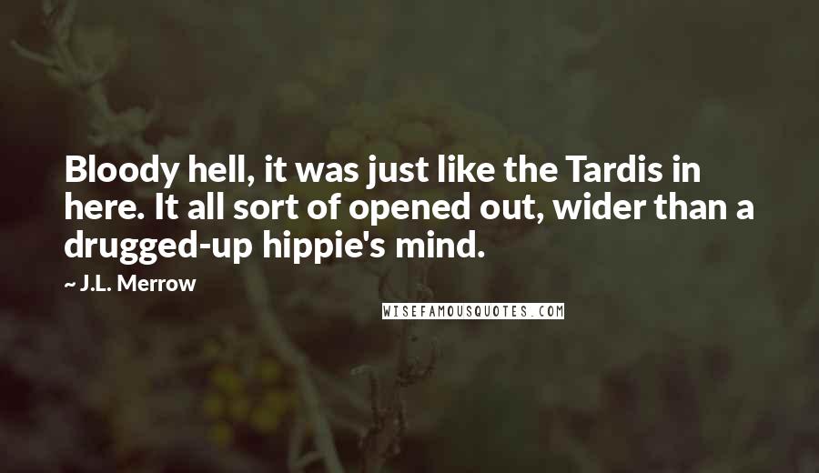 J.L. Merrow Quotes: Bloody hell, it was just like the Tardis in here. It all sort of opened out, wider than a drugged-up hippie's mind.