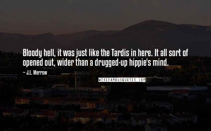 J.L. Merrow Quotes: Bloody hell, it was just like the Tardis in here. It all sort of opened out, wider than a drugged-up hippie's mind.