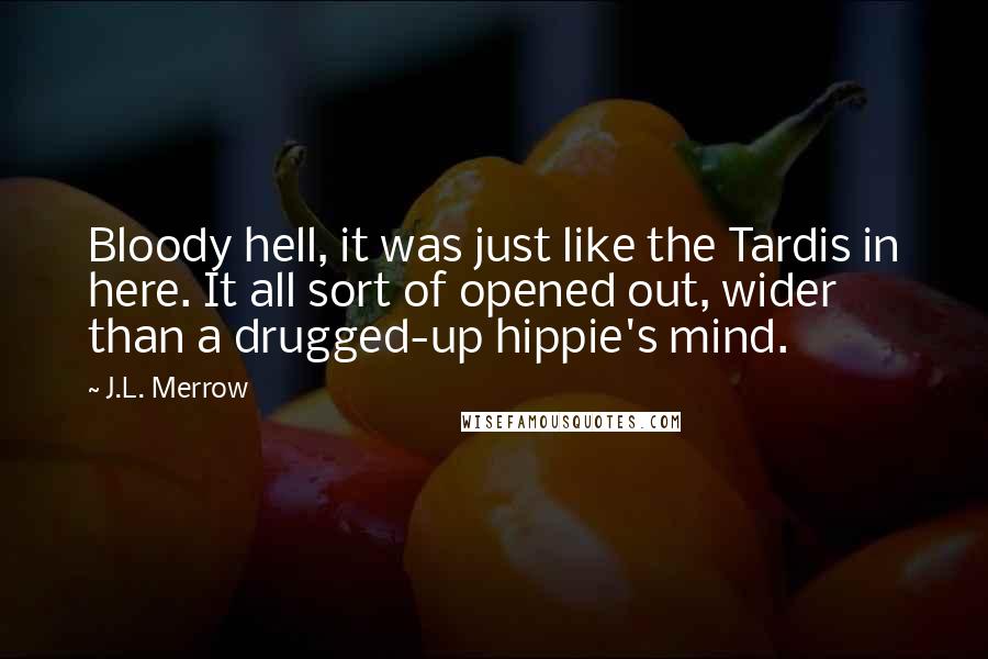 J.L. Merrow Quotes: Bloody hell, it was just like the Tardis in here. It all sort of opened out, wider than a drugged-up hippie's mind.