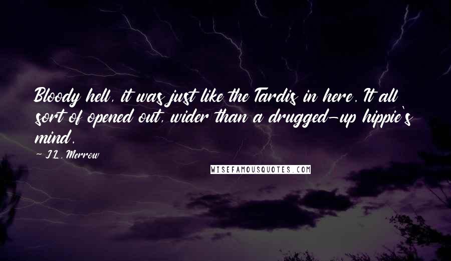 J.L. Merrow Quotes: Bloody hell, it was just like the Tardis in here. It all sort of opened out, wider than a drugged-up hippie's mind.