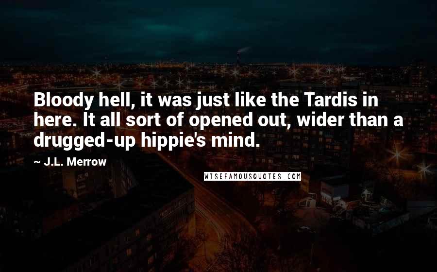 J.L. Merrow Quotes: Bloody hell, it was just like the Tardis in here. It all sort of opened out, wider than a drugged-up hippie's mind.