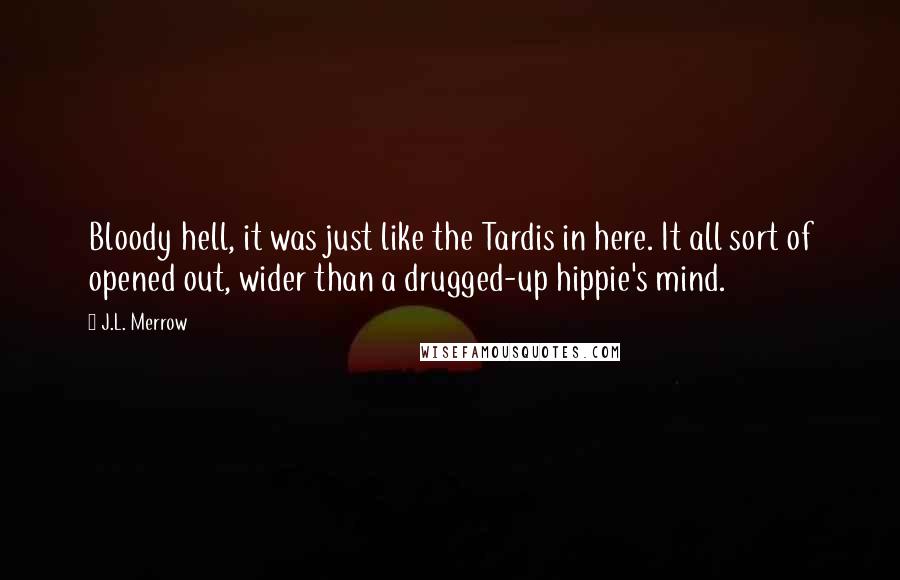 J.L. Merrow Quotes: Bloody hell, it was just like the Tardis in here. It all sort of opened out, wider than a drugged-up hippie's mind.