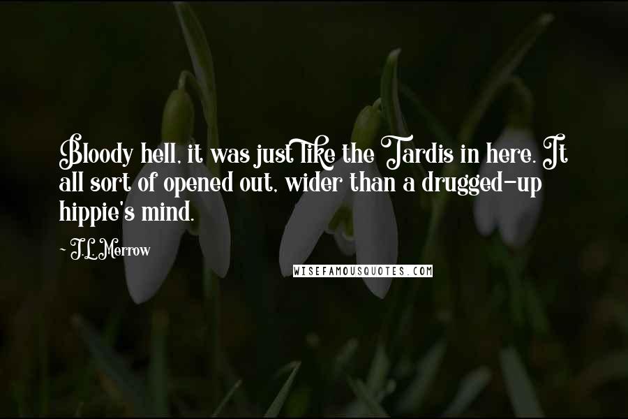 J.L. Merrow Quotes: Bloody hell, it was just like the Tardis in here. It all sort of opened out, wider than a drugged-up hippie's mind.