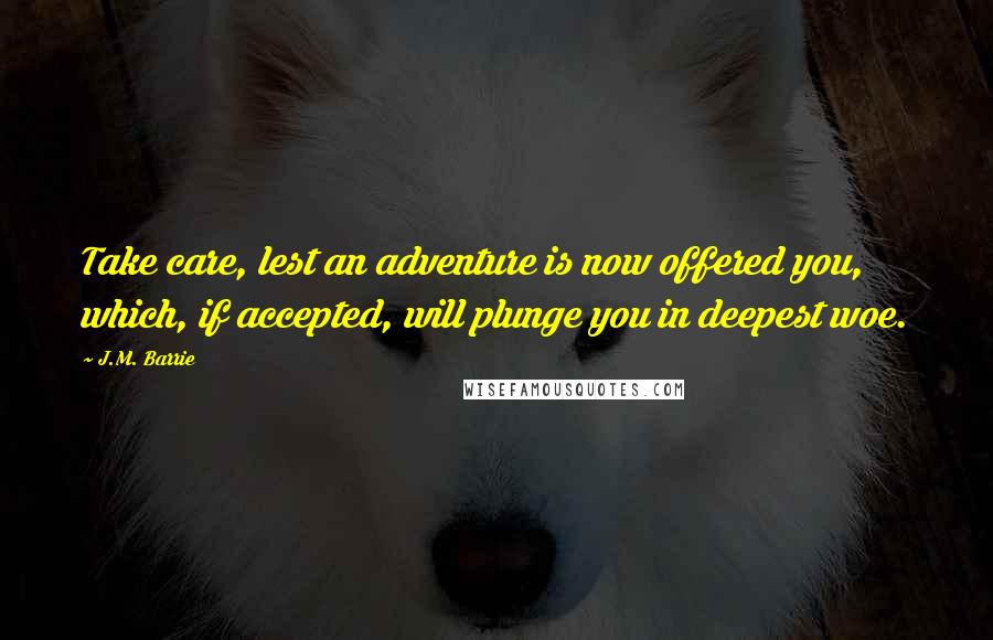 J.M. Barrie Quotes: Take care, lest an adventure is now offered you, which, if accepted, will plunge you in deepest woe.