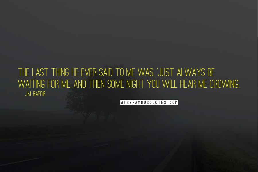 J.M. Barrie Quotes: The last thing he ever said to me was, 'Just always be waiting for me, and then some night you will hear me crowing.