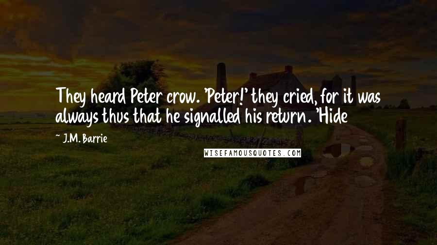 J.M. Barrie Quotes: They heard Peter crow. 'Peter!' they cried, for it was always thus that he signalled his return. 'Hide