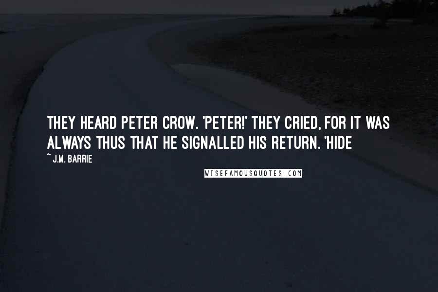 J.M. Barrie Quotes: They heard Peter crow. 'Peter!' they cried, for it was always thus that he signalled his return. 'Hide