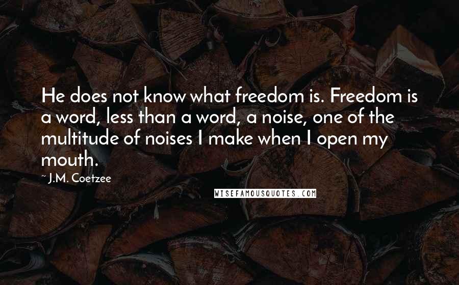 J.M. Coetzee Quotes: He does not know what freedom is. Freedom is a word, less than a word, a noise, one of the multitude of noises I make when I open my mouth.