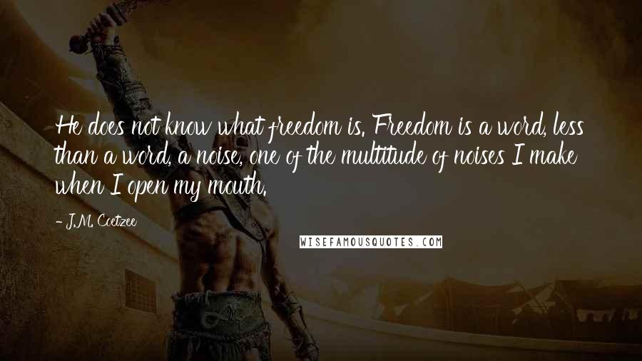 J.M. Coetzee Quotes: He does not know what freedom is. Freedom is a word, less than a word, a noise, one of the multitude of noises I make when I open my mouth.