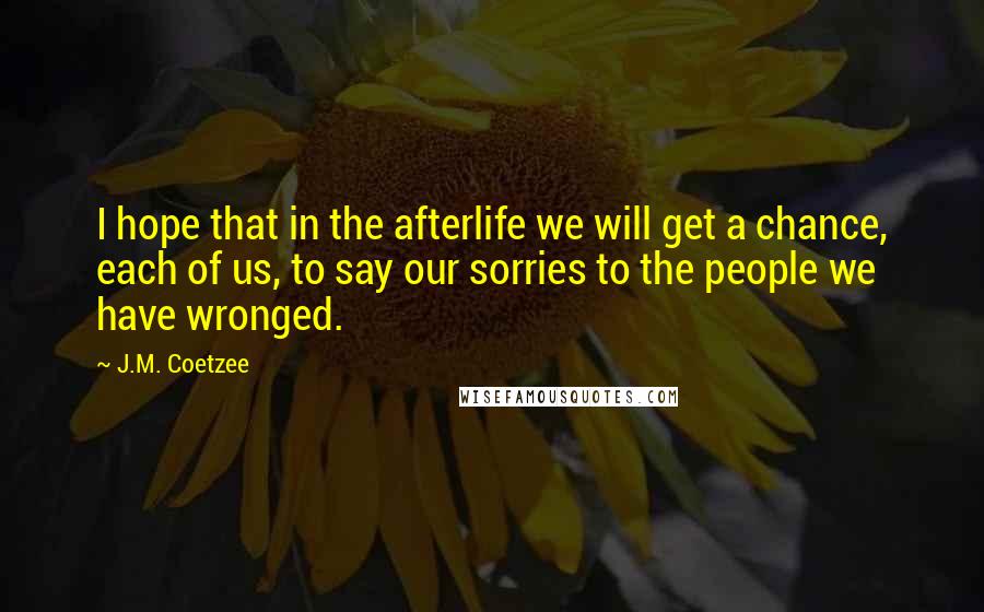 J.M. Coetzee Quotes: I hope that in the afterlife we will get a chance, each of us, to say our sorries to the people we have wronged.