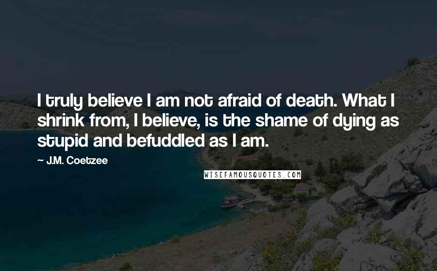 J.M. Coetzee Quotes: I truly believe I am not afraid of death. What I shrink from, I believe, is the shame of dying as stupid and befuddled as I am.