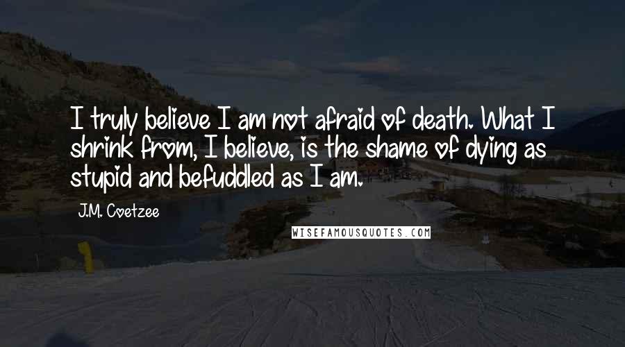 J.M. Coetzee Quotes: I truly believe I am not afraid of death. What I shrink from, I believe, is the shame of dying as stupid and befuddled as I am.