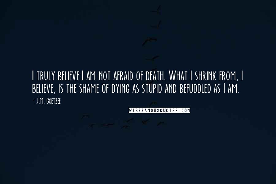 J.M. Coetzee Quotes: I truly believe I am not afraid of death. What I shrink from, I believe, is the shame of dying as stupid and befuddled as I am.