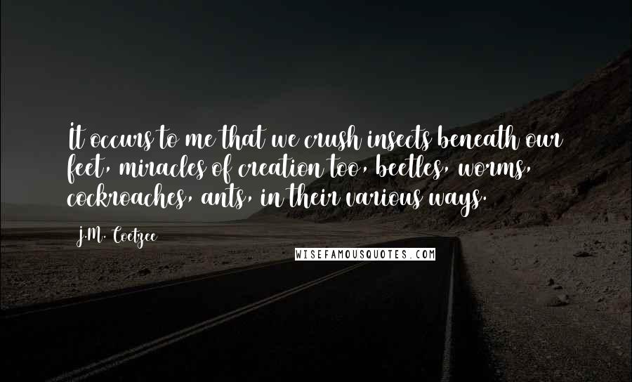 J.M. Coetzee Quotes: It occurs to me that we crush insects beneath our feet, miracles of creation too, beetles, worms, cockroaches, ants, in their various ways.