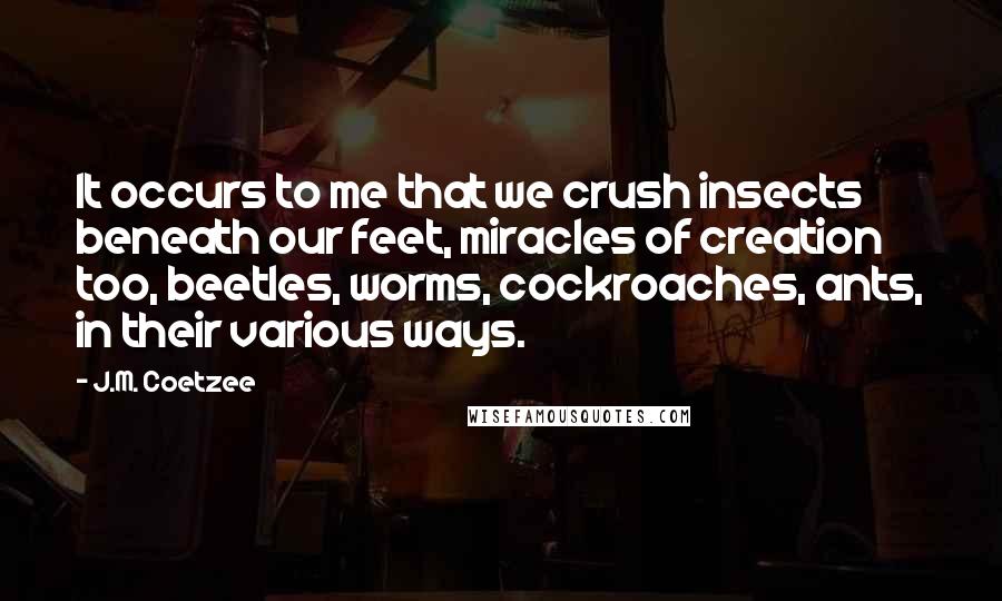 J.M. Coetzee Quotes: It occurs to me that we crush insects beneath our feet, miracles of creation too, beetles, worms, cockroaches, ants, in their various ways.