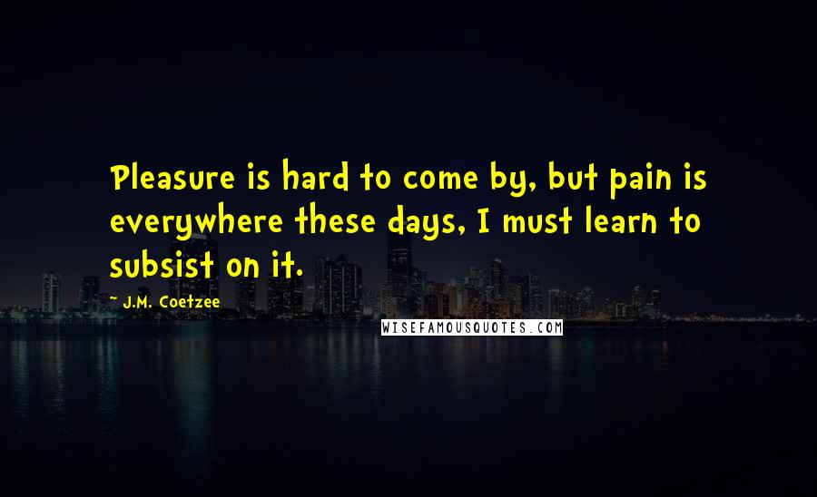 J.M. Coetzee Quotes: Pleasure is hard to come by, but pain is everywhere these days, I must learn to subsist on it.