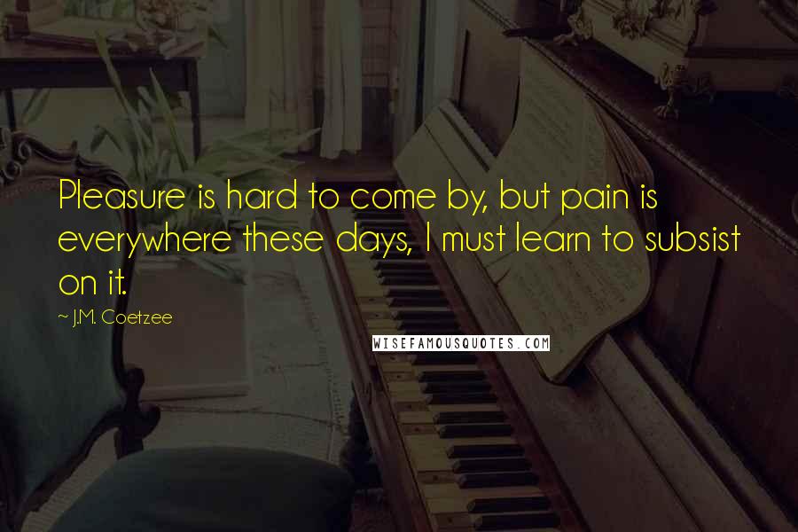 J.M. Coetzee Quotes: Pleasure is hard to come by, but pain is everywhere these days, I must learn to subsist on it.