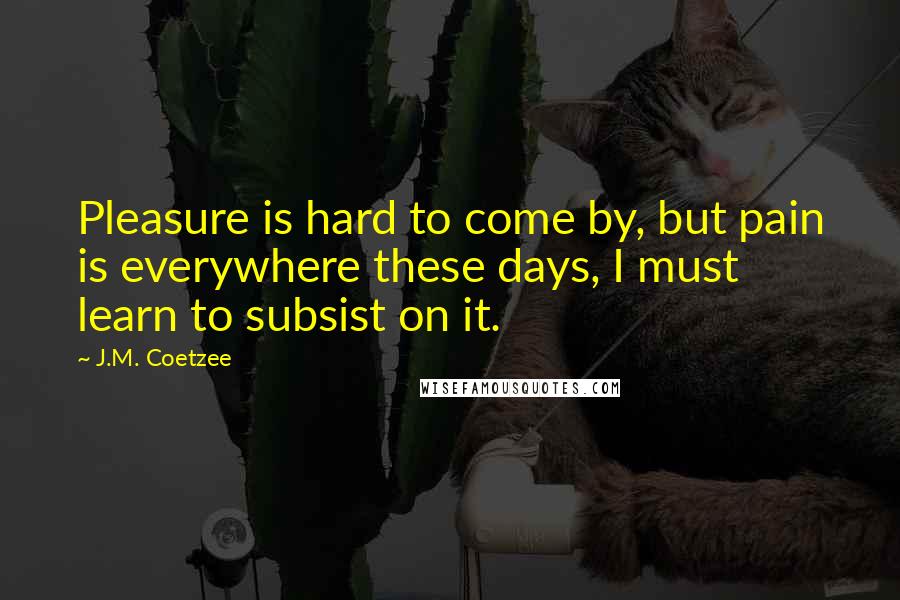 J.M. Coetzee Quotes: Pleasure is hard to come by, but pain is everywhere these days, I must learn to subsist on it.