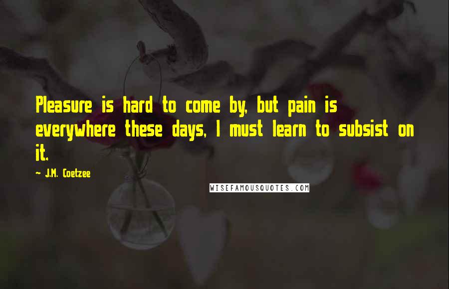 J.M. Coetzee Quotes: Pleasure is hard to come by, but pain is everywhere these days, I must learn to subsist on it.