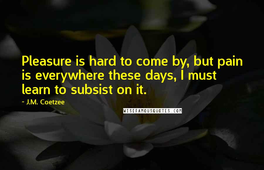 J.M. Coetzee Quotes: Pleasure is hard to come by, but pain is everywhere these days, I must learn to subsist on it.