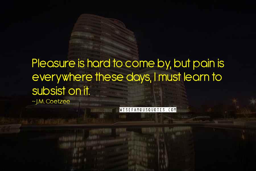 J.M. Coetzee Quotes: Pleasure is hard to come by, but pain is everywhere these days, I must learn to subsist on it.