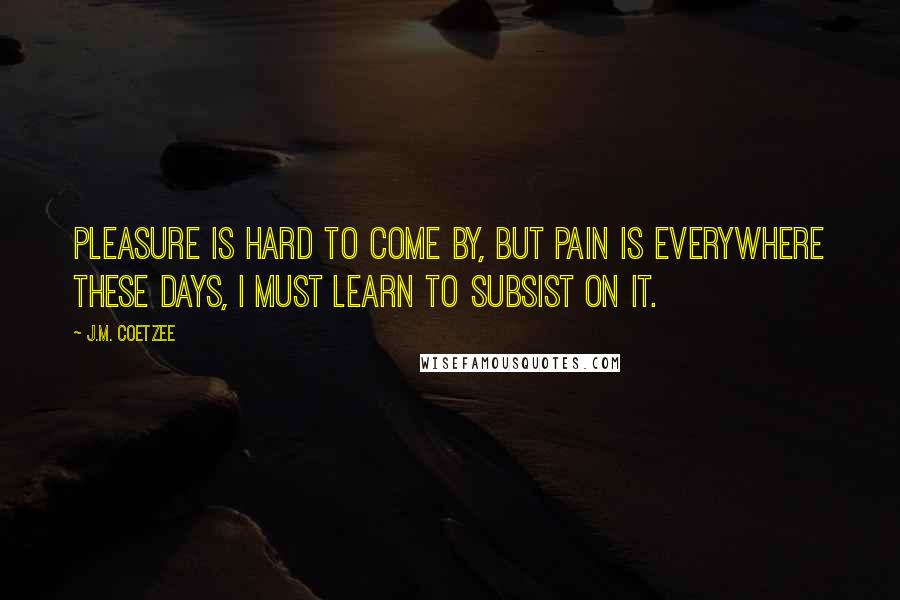 J.M. Coetzee Quotes: Pleasure is hard to come by, but pain is everywhere these days, I must learn to subsist on it.