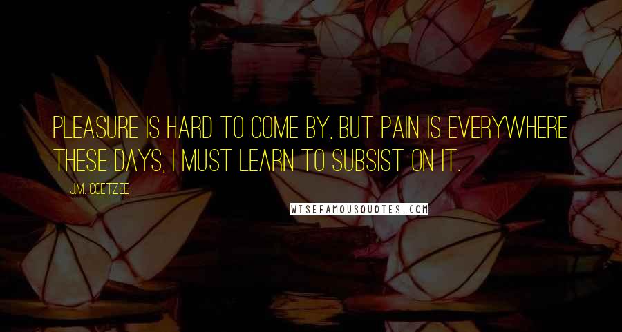 J.M. Coetzee Quotes: Pleasure is hard to come by, but pain is everywhere these days, I must learn to subsist on it.