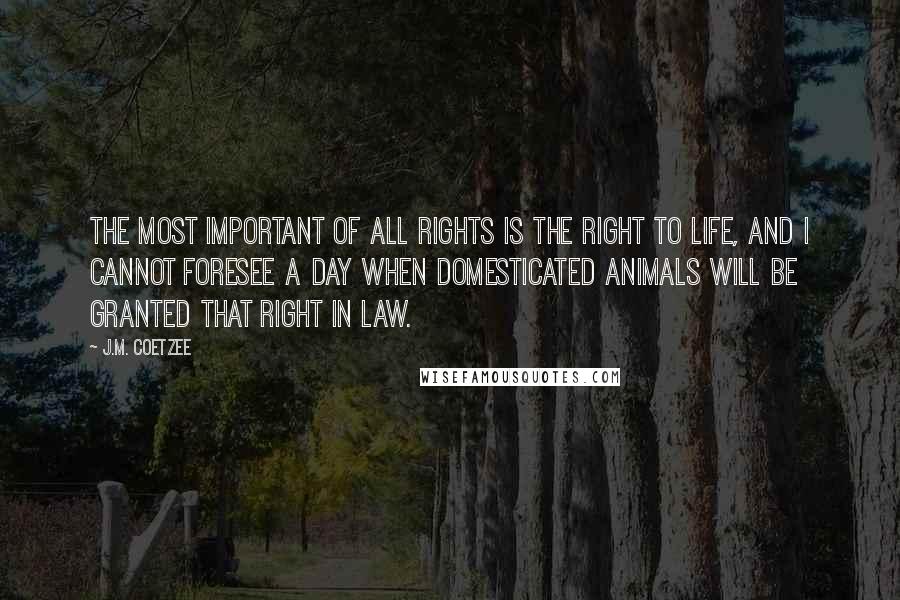 J.M. Coetzee Quotes: The most important of all rights is the right to life, and I cannot foresee a day when domesticated animals will be granted that right in law.